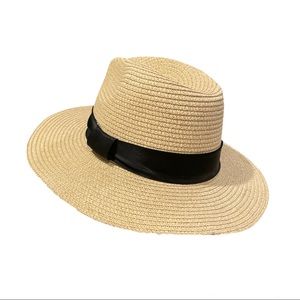Beige Straw Hat with Black Ribbon Trim